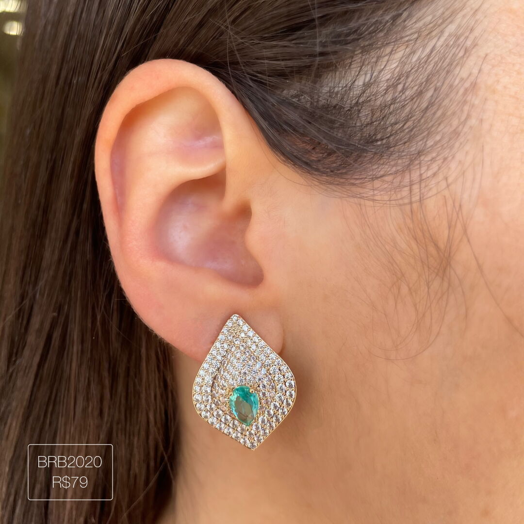 Brinco Folha c/ Gota Turmalina Cravejada Cristal Dourada